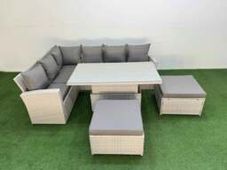 Rackhams 8 Seat Rattan Outdoor Garden Furniture Corner Sofa Set Adjustable Lifting Dining or Coffee Table Set with Armchair 2 Big Footstools Light Grey - thumbnail 2