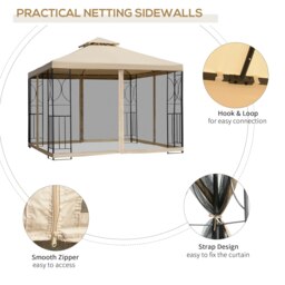 Rackhams 3x3(m) Outdoor Gazebo Patio Pavilion Canopy Tent w/ Netting & Shelf - Sand Colour Fabric, Black Frame - Polyester - 298L x 298W x 278Hcm - thumbnail 4