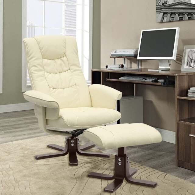 Rackhams 3ft Swivel Recliner Chair Armchair PU Leather with Footstool - Beige - image 1
