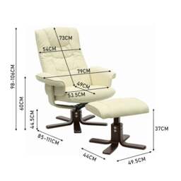 Rackhams 3ft Swivel Recliner Chair Armchair PU Leather with Footstool - Beige - thumbnail 3