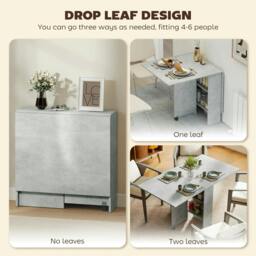 Rackhams Folding Dining Table, Drop Leaf Table with 2-Tier Shelves, Rolling Casters, for Small Spaces, Kitchen, Cement Grey - thumbnail 4