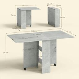 Rackhams Folding Dining Table, Drop Leaf Table with 2-Tier Shelves, Rolling Casters, for Small Spaces, Kitchen, Cement Grey - thumbnail 3
