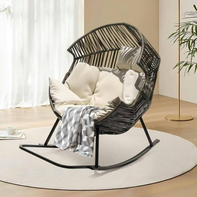 Rackhams Oversized PE Rattan Rocking Chair with Thick Cushion - Grey - image 1