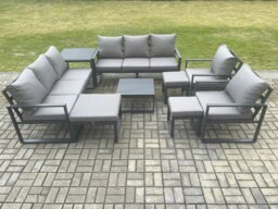 Rackhams Aluminium Outdoor Garden Furniture Set Patio Lounge Sofa with Square Coffee Table Side Table 2 Armchairs 3 Footstools Dark Grey - thumbnail 2