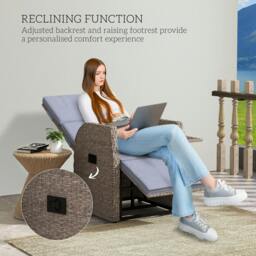 Rackhams Outdoor Recliner Chair w/ Cushion Rattan Reclining Lounge Chair, Brown - Brown - Steel, PE rattan - 57cm x 59cm x 105cm - thumbnail 4