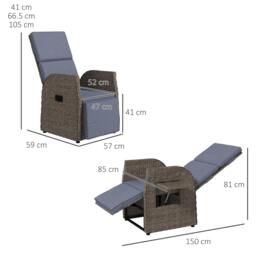 Rackhams Outdoor Recliner Chair w/ Cushion Rattan Reclining Lounge Chair, Brown - Brown - Steel, PE rattan - 57cm x 59cm x 105cm - thumbnail 3