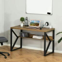 Rackhams Computer Desk Writing Desk Home Office PC Laptop Workstation with Storage Shelf 120 x 60 x 76cm Black Brown Wood Effect - thumbnail 2