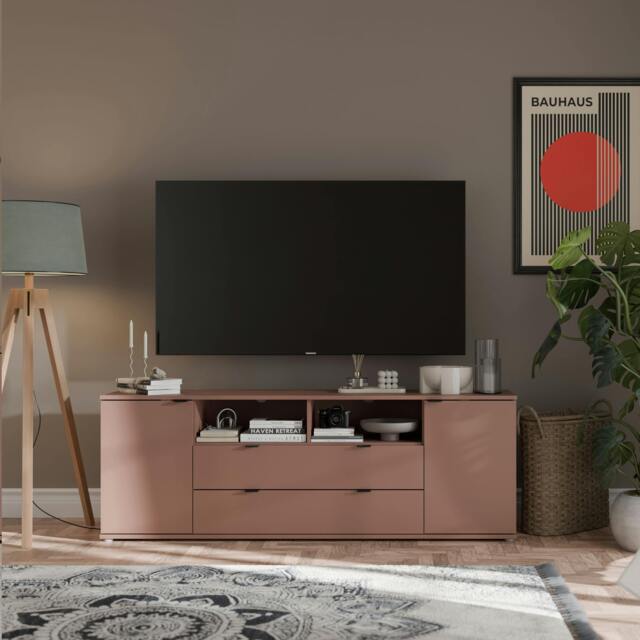 Rackhams Ganymede Wide TV Unit with Open Shelving, 2 Drawers & 2 Doors in Terracotta - W 179.5 X H 63.1 X D 41.3cm - 1 - Manufactured Wood - image 1