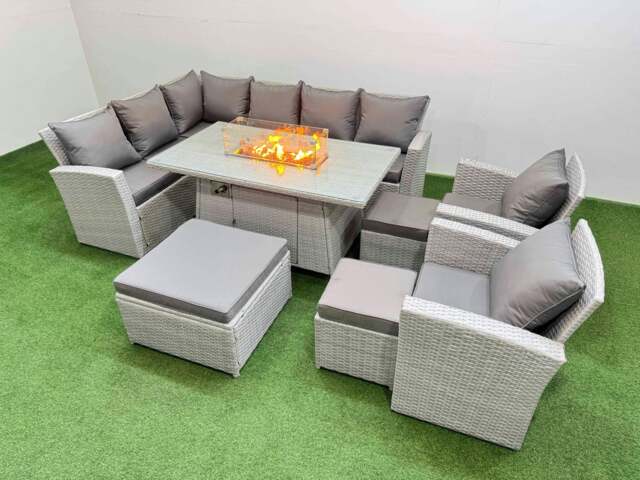 Rackhams Rattan Corner Sofa Chair Set Outdoor Furniture Garden Dining Sets Gas Fire Pit Table with Temper Glass 3 Footstools Light Grey Mixed - image 1