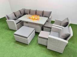 Rackhams Rattan Corner Sofa Chair Set Outdoor Furniture Garden Dining Sets Gas Fire Pit Table with Temper Glass 3 Footstools Light Grey Mixed - thumbnail 1