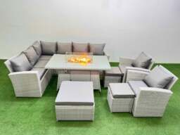 Rackhams Rattan Corner Sofa Chair Set Outdoor Furniture Garden Dining Sets Gas Fire Pit Table with Temper Glass 3 Footstools Light Grey Mixed - thumbnail 2