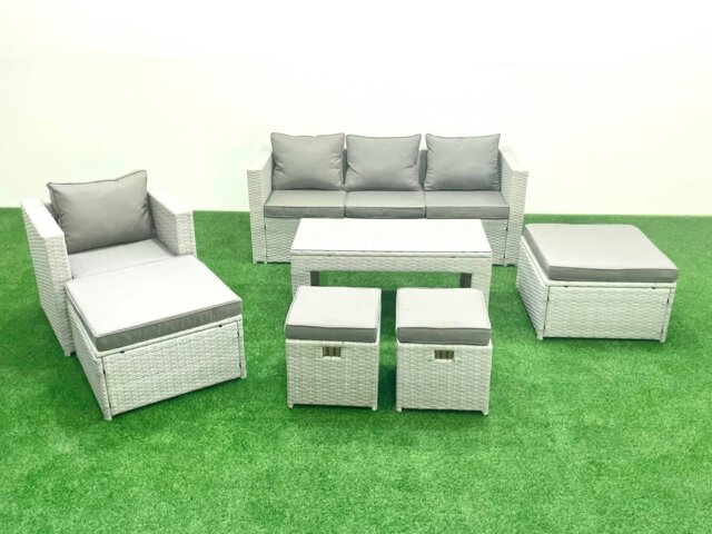 Rackhams Rattan Garden Furniture Set Outdoor Lounger Sofa with Coffee Table 4 Footstools Light Grey Mixed - image 1