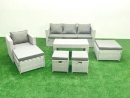 Rackhams Rattan Garden Furniture Set Outdoor Lounger Sofa with Coffee Table 4 Footstools Light Grey Mixed - thumbnail 2