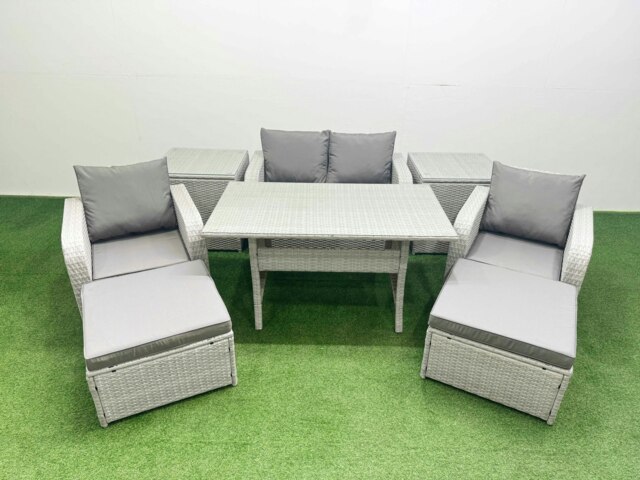 Rackhams Light Grey PE Wicker Rattan Garden Furniture Set Sofa Set Reclining Chair Rectangular Dining Table 6 Seater 2 Big Stools 2 Side Table - image 1