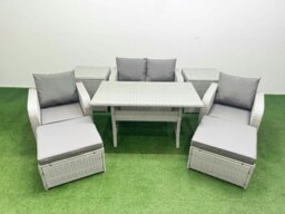 Rackhams Light Grey PE Wicker Rattan Garden Furniture Set Sofa Set Reclining Chair Rectangular Dining Table 6 Seater 2 Big Stools 2 Side Table - thumbnail 1