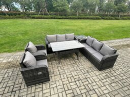 Rackhams 6 Piece Rattan Garden Furniture Set with Patio Sofa Rectangular Dining Tablel Side Table Indoor Conservatory Patio Set - thumbnail 2