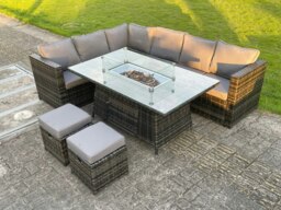 Rackhams Outdoor Rattan Garden Corner Furniture Gas Fire Pit Table Sets Gas Heater Lounge Small Footstools Dark Grey 8 Seater - thumbnail 2