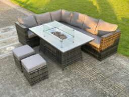 Rackhams Outdoor Rattan Garden Corner Furniture Gas Fire Pit Table Sets Gas Heater Lounge Small Footstools Dark Grey 8 Seater - thumbnail 1