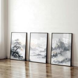 Rackhams Modern Pictures For Living Room - Set of 3 Asian Inspired Wall art Prints - 16 x 22 inches / 40.65 cm x 56 cm - Polyester Canvas 260 gsm - Canvas wrapped - thumbnail 4