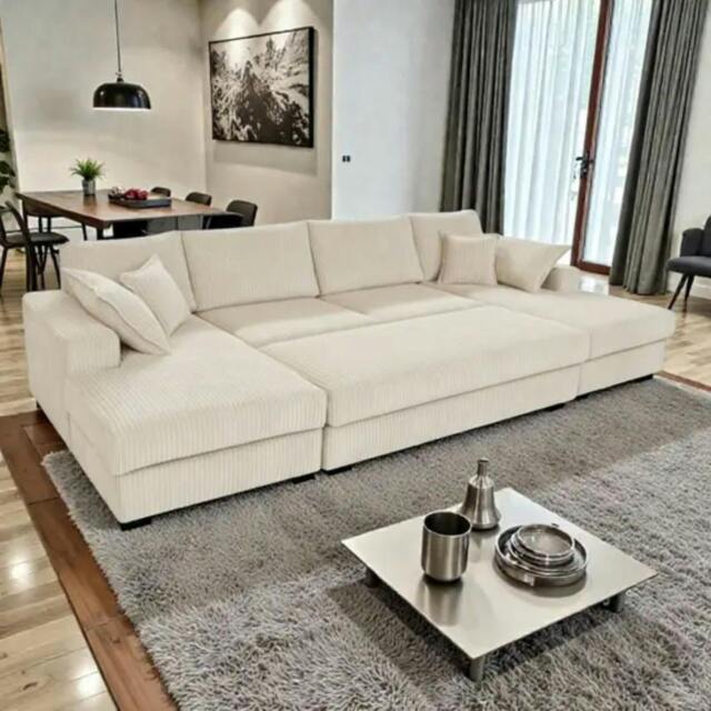Rackhams Large Spacious Double Corner Sofa With Footstool Jumbo Cord - Cream - image 1