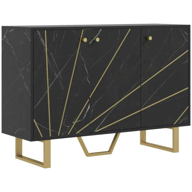 Rackhams Sideboard Storage Cabinet, Modern Storage Cupboard with Adjustable Shelves and Metal Legs, Black Marble Tone
