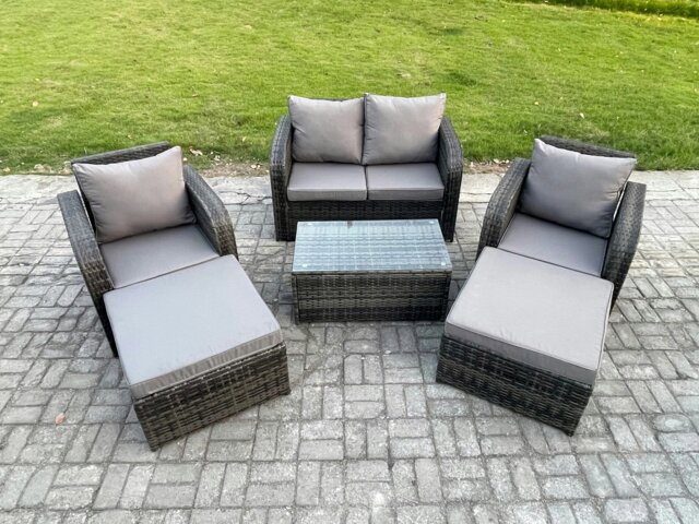 Rackhams 6 Seater Garden Furniture Set Rattan Outdoor Lounge Sofa Chair With Tempered Glass Table 2 Big Footstool Dark Grey Mixed - image 1