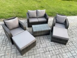 Rackhams 6 Seater Garden Furniture Set Rattan Outdoor Lounge Sofa Chair With Tempered Glass Table 2 Big Footstool Dark Grey Mixed - thumbnail 2