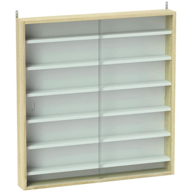 Rackhams 7-Tier Wall Display Shelf Unit Cabinet w/ 6 Adjustable Shelves Glass Doors Home Office Ornaments 83x80cm, Oak