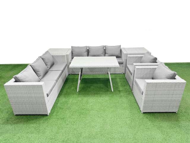Rackhams 8 Seater Garden Furniture Set PE Ratten Garden Sofa Set with Rectangular Dining Table 2 Side Tables Light Grey - image 1