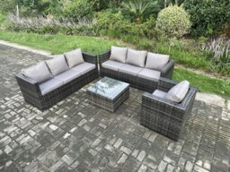 Rackhams Rattan Garden Furniture Sofa Set with Armchair Square Coffee Table Indoor Outdoor 7 Seater Rattan Set Dark Grey Mixed - thumbnail 1