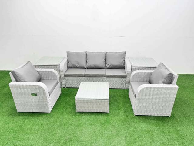 Rackhams PE Rattan Garden Furniture Set Reclining Chair Sofa Lounge Sofa Set Square Coffee Table 2 Side Table Light Grey - image 1