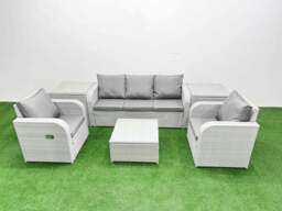 Rackhams PE Rattan Garden Furniture Set Reclining Chair Sofa Lounge Sofa Set Square Coffee Table 2 Side Table Light Grey - thumbnail 1