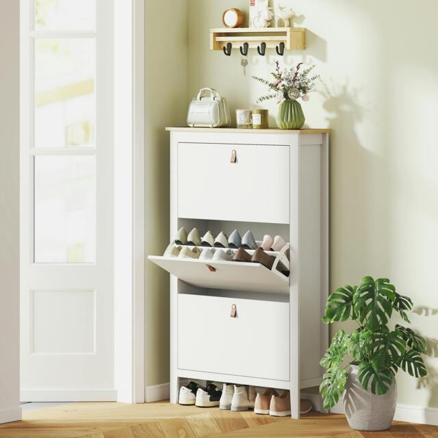 Rackhams 3 Drawer Shoe Cabinet with Flip Doors for Hallway, Entryway, Green - White - Matte - Particleboard - image 1
