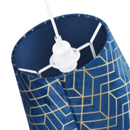 Rackhams Navy Blue Velvet Lamp Shade with Geometric Design in Metallic Gold Foil Lines - thumbnail 4