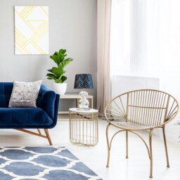 Rackhams Navy Blue Velvet Lamp Shade with Geometric Design in Metallic Gold Foil Lines - thumbnail 6