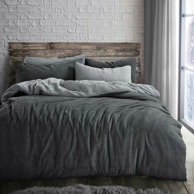 Rackhams Teddy Two Tone Fluffy and Warm Fleece Duvet Cover Set - Charcoal - Double - image 1