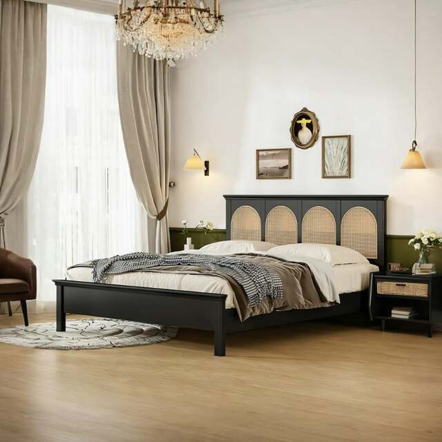 Rackhams Rosemary Double Bed / King Size / Super King Size, Black Wood With Rattan - Super King Size - image 1