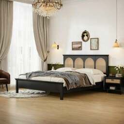 Rackhams Rosemary Double Bed / King Size / Super King Size, Black Wood With Rattan - Super King Size