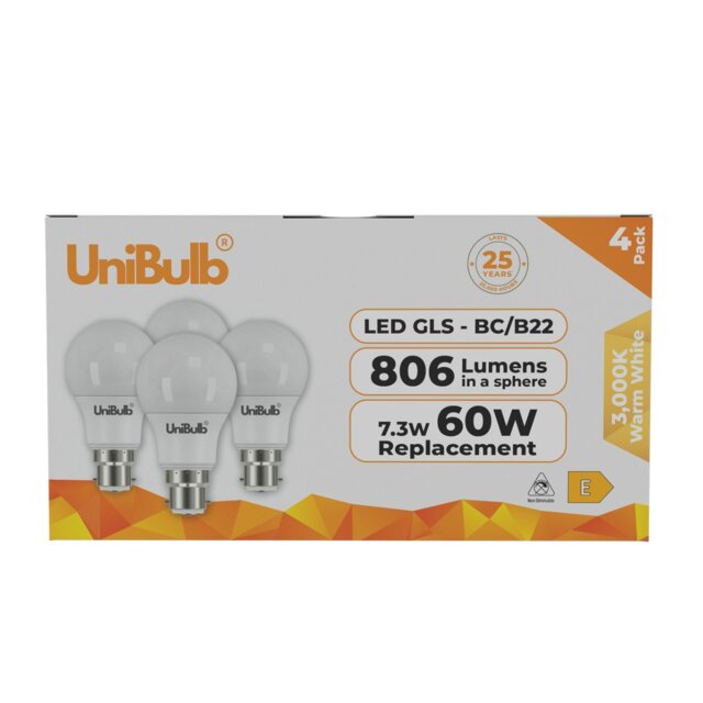 Rackhams LED GLS B22 806lm 7.3W 3000K (Warm White) Light Bulb - Pack of 4 - image 1