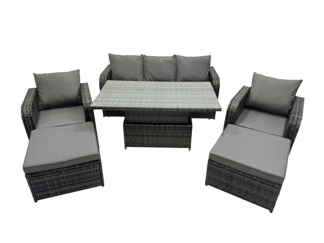 Rackhams Rattan Garden Furniture Dining Set 6 seater Patio Height Adjustable Rising Lifting Table Sofa Set with 2 Big Footstools Dark Grey Mixed - image 1