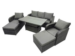 Rackhams Rattan Garden Furniture Dining Set 6 seater Patio Height Adjustable Rising Lifting Table Sofa Set with 2 Big Footstools Dark Grey Mixed - thumbnail 2