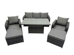 Rackhams Rattan Garden Furniture Dining Set 6 seater Patio Height Adjustable Rising Lifting Table Sofa Set with 2 Big Footstools Dark Grey Mixed