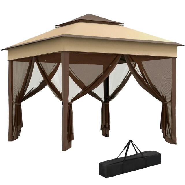 Rackhams 3 x 3(m) Pop Up Gazebo, Height Adjustable Instant Event Shelter with Netting and Carrying Bag, Beige - image 1