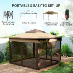 Rackhams 3 x 3(m) Pop Up Gazebo, Height Adjustable Instant Event Shelter with Netting and Carrying Bag, Beige - thumbnail 4