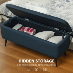 Rackhams Storage Ottoman Bench, Linen Fabric Footstool with Steel Legs Blue - Light Grey - thumbnail 4