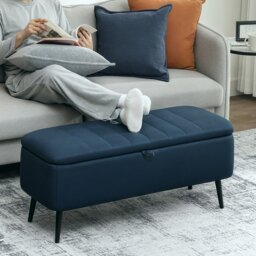 Rackhams Storage Ottoman Bench, Linen Fabric Footstool with Steel Legs Blue - Light Grey - thumbnail 3