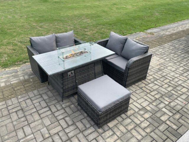 Rackhams Rattan Garden Furniture Set with Gas Fire Pit Table Footstool 4 Pieces Outdoor Loveseat Sofa Set Dark Grey Mixed - image 1