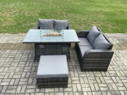 Rackhams Rattan Garden Furniture Set with Gas Fire Pit Table Footstool 4 Pieces Outdoor Loveseat Sofa Set Dark Grey Mixed - thumbnail 2