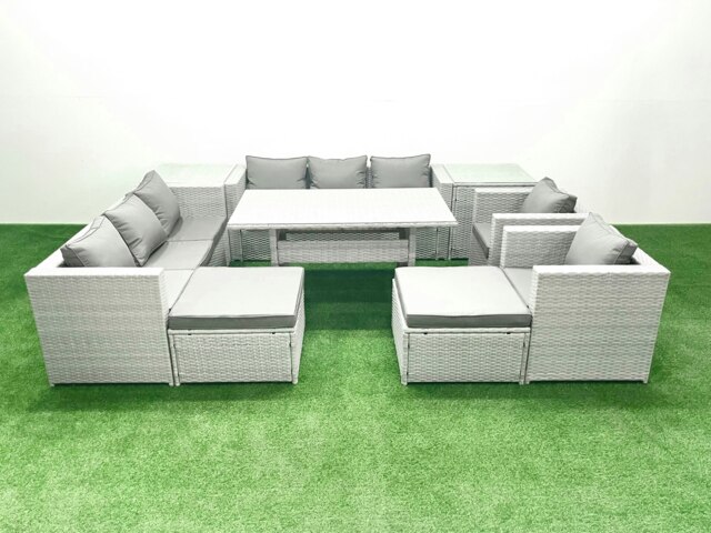 Rackhams Rattan Garden Furniture Set Outdoor 8 Seater Patio Dinin g Sofa Sets with Dining Table 2 Chairs 2 Side Tables 2 Big Footstools Light Grey Mixed - image 1