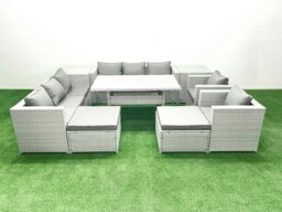 Rackhams Rattan Garden Furniture Set Outdoor 8 Seater Patio Dinin g Sofa Sets with Dining Table 2 Chairs 2 Side Tables 2 Big Footstools Light Grey Mixed - thumbnail 1